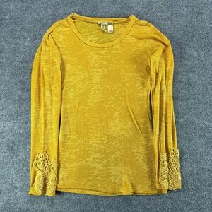 BKE Eased Mustard Yellow Burnout Long Sleeve Crochet Lace Cuff Top‎ Large Y2K